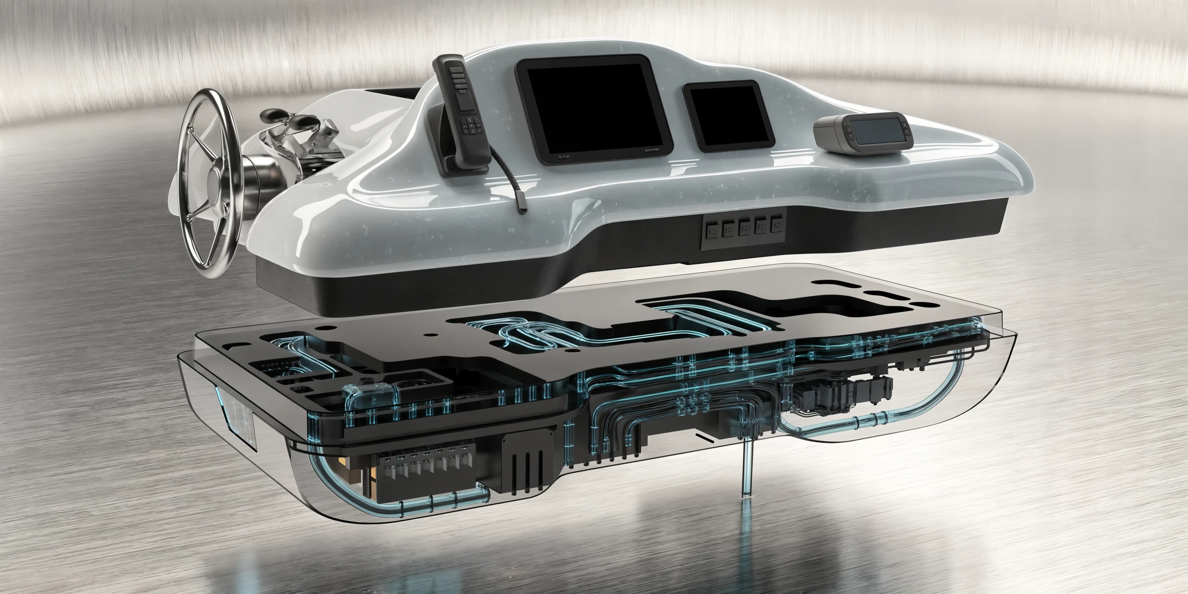 Futuristic conceptual cutaway of an integrated marine helm with displays, radio controls and organized under-panel system architecture