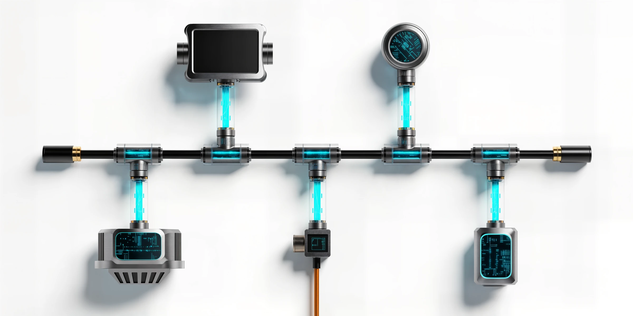 Futuristic NMEA 2000 reference topology with one linear backbone, two end terminators, T-connectors, short device drops and one protected power feed